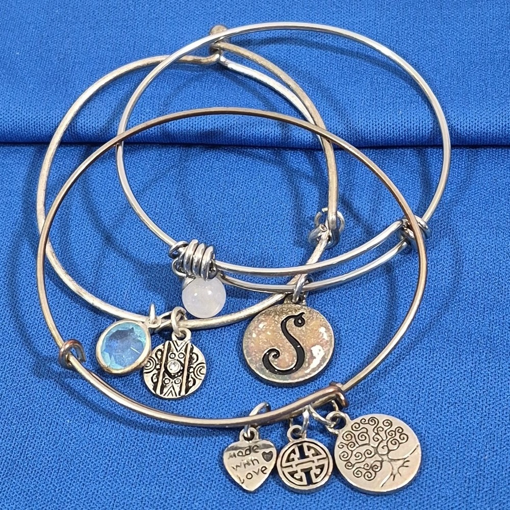 Silver-tone Bangle Bracelets Lot Of 3 With Dangle Charms Maximalist Layering